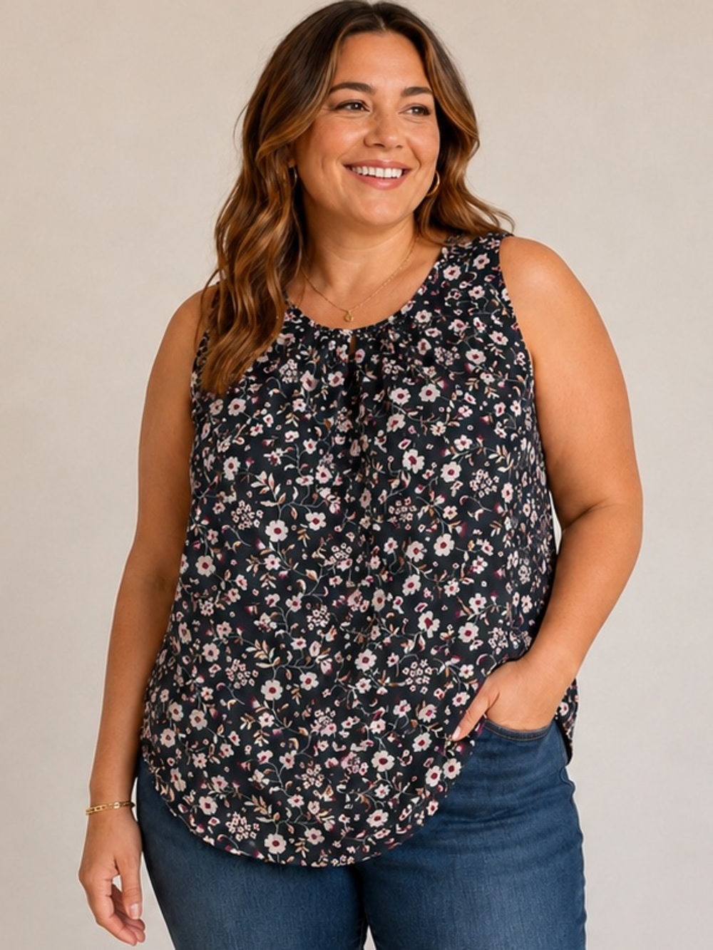 LOFT Outlet XL Floral Sleeveless Blouse Charcoal Pink Cream Keyhole Back Top